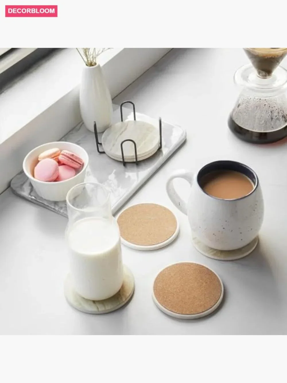Set of 6 Absorbent Stone Coasters with Holder - Home Decor